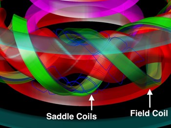 A simulated plasma in the Large Helical Device showing the thin blue saddle coils that researchers used to make diagnostic measurements with the new computer code. (Click to view larger version...)
